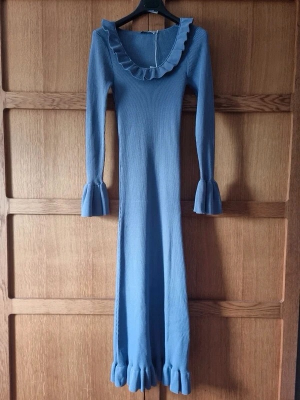 Ruffle-Trim Midi Dress with Flared Cuffs in Dusty Blue - Picture 1 of 1